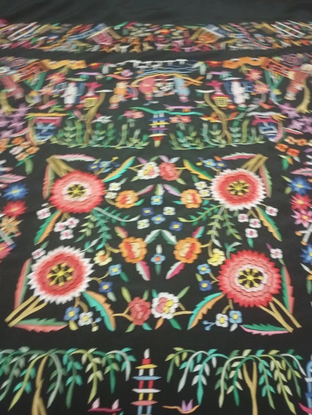 Mantón Manila Cantonés Oriental Negro antiguo seda