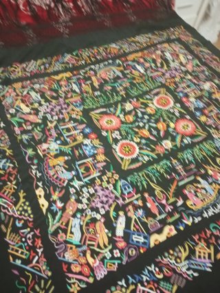 Mantón Manila Cantonés Oriental Negro antiguo seda