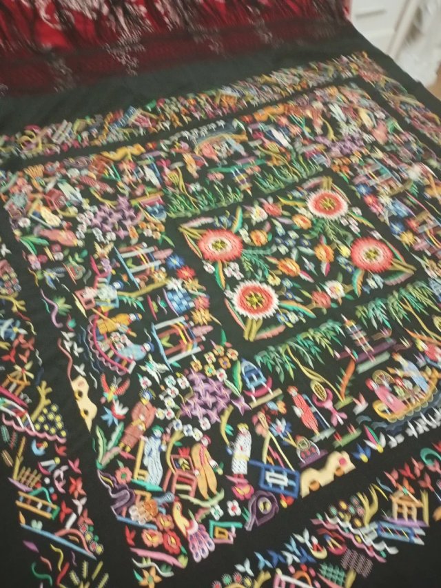 Mantón Manila Cantonés Oriental Negro antiguo seda
