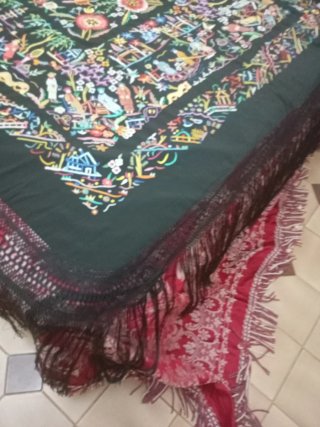 Mantón Manila Cantonés Oriental Negro antiguo seda