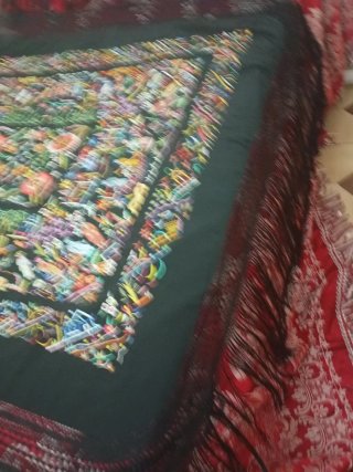 Mantón Manila Cantonés Oriental Negro antiguo seda