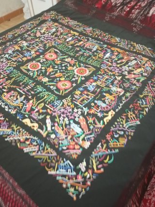 Mantón Manila Cantonés Oriental Negro antiguo seda