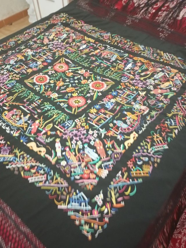 Mantón Manila Cantonés Oriental Negro antiguo seda