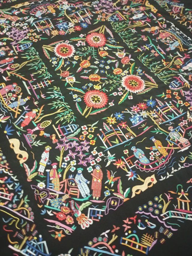 Mantón Manila Cantonés Oriental Negro antiguo seda