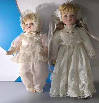 Lote 2 Muñecas Porcelana Vestido Novia Bebé