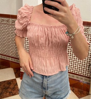 Blusa cuadros rosa abullonada