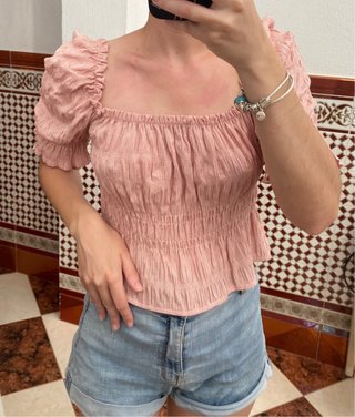 Blusa cuadros rosa abullonada