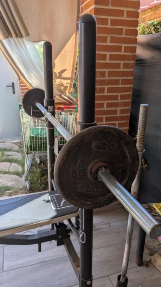 Estación gimnasio con banco regulable y pesas