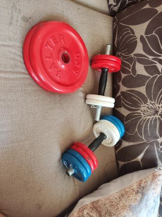 Pesas de gimnasio con discos rojos y azules