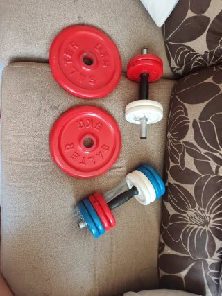 Pesas de gimnasio con discos rojos y azules