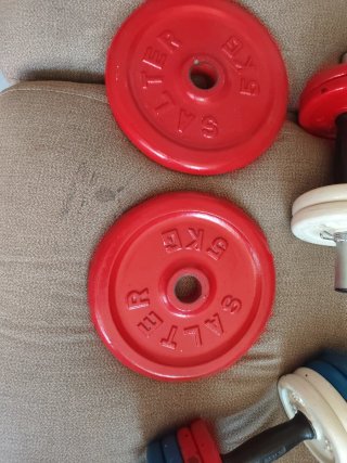 Pesas de gimnasio con discos rojos y azules