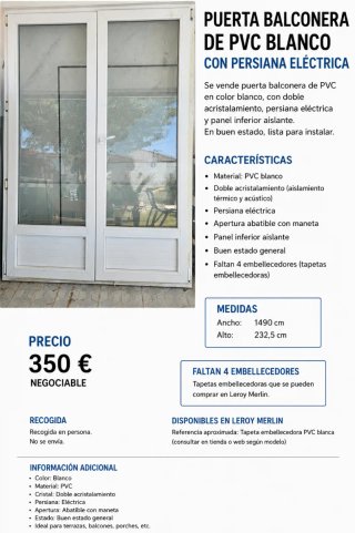 Puerta Balconera PVC Blanco con Persiana Eléctrica