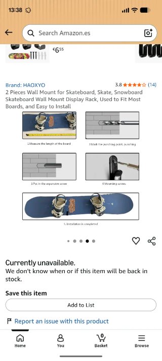 4 Soportes pared skate/snowboard + tornillos
