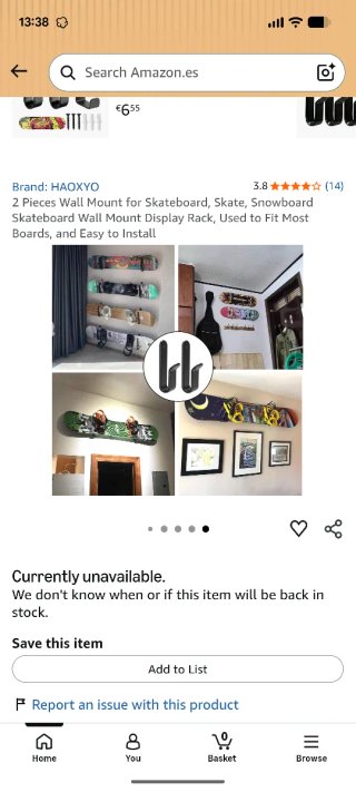 4 Soportes pared skate/snowboard + tornillos