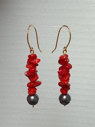 Pendientes Perlas Pavo Real Coral Rojo Acero inox