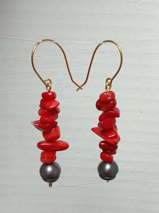 Pendientes Perlas Pavo Real Coral Rojo Acero inox