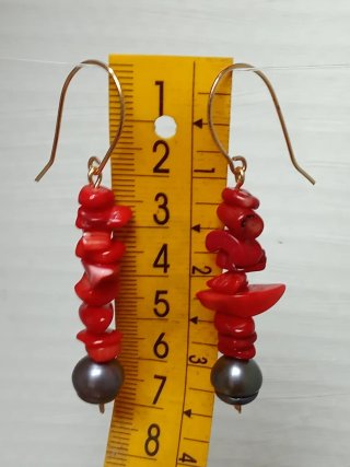 Pendientes Perlas Pavo Real Coral Rojo Acero inox