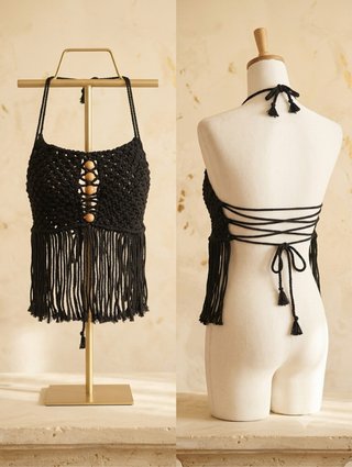 Top negro macramé con flecos