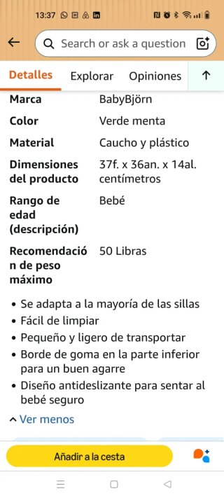 Asiento elevador para bebé babybjorn
