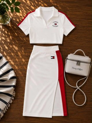 Conjunto Tommy Hilfiger rojo crop top y falda