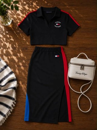 Conjunto Tommy Hilfiger rojo crop top y falda