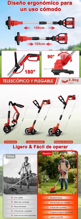 Desbrozadora Plegable con Ruedas 800W y 2 Baterias