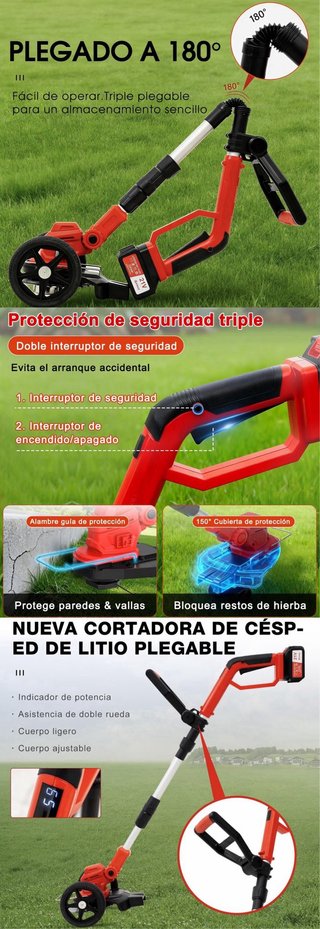 Desbrozadora Plegable con Ruedas 800W y 2 Baterias