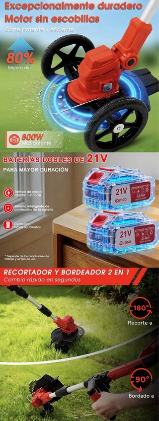 Desbrozadora Plegable con Ruedas 800W y 2 Baterias