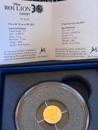 5€ Rey León Simba 0,5g Oro Monnaie de Paris Javier