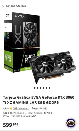 Tarjeta Gráfica EVGA RTX 3060 Ti XC GAMING