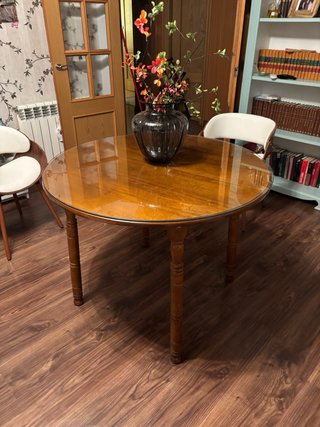Mesa redonda de comedor de madera y cristal,