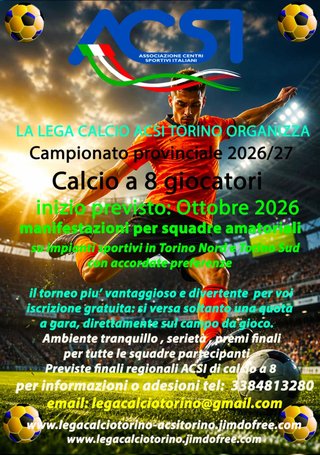 Campionato calcio a 8 in Torino da Ottobre 2026.