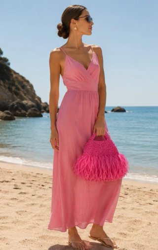 Bolso rafia fucsia hecho a mano con flecos