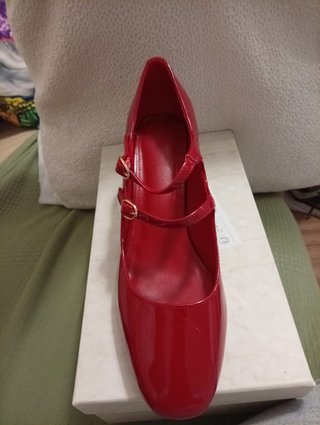 Zapatos de tacón cuadrado rojos mujer, talla 39