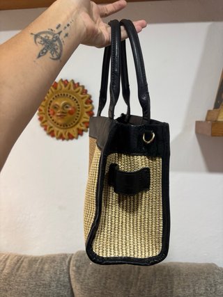 Bolso esparto y piel negro/beige