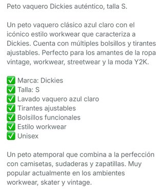 Peto Dickies Talla S. Workwear