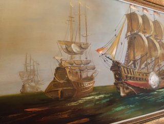 Cuadro antiguo de barcos de guerra Vintage
