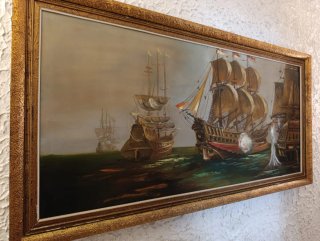 Cuadro antiguo de barcos de guerra Vintage