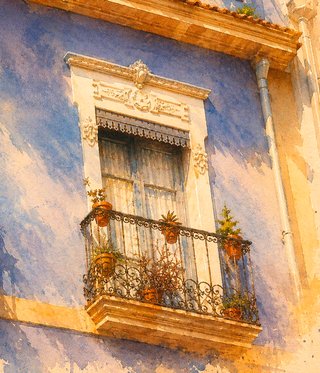 Lámina Decorativa Balcones sobre fachada azul