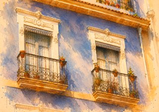 Lámina Decorativa Balcones sobre fachada azul