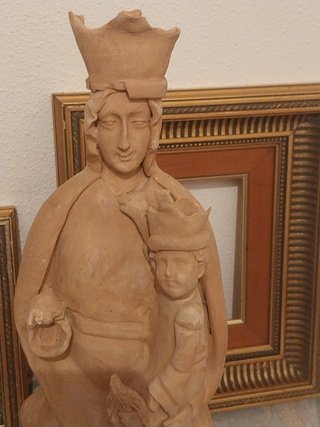 Escultura Religiosa Virgen y Niño Arcilla