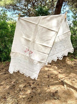 Sábana y almohada a juego antiguas de hilo