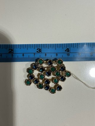 Spilla vintage a nido d'ape blu e verdi