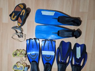 Lote equipo buceo: gafas, tubos, aletas
