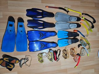 Lote equipo buceo: gafas, tubos, aletas