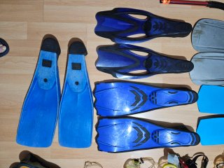 Lote equipo buceo: gafas, tubos, aletas
