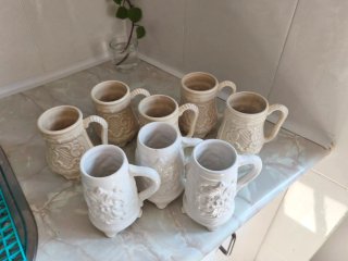 Lote 8 Jarras Cerámica Vintage Beige y Blanco