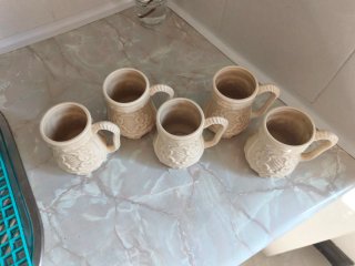Lote 8 Jarras Cerámica Vintage Beige y Blanco