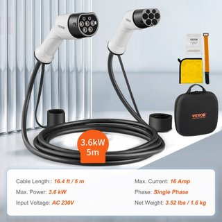 Cable de Carga EV Tipo 2 a Tipo 2, 16Amp, 3.6kW 5 Metros Cable de Carga de Vehículo Eléctrico de Fase Simple, IP66 Impermeable con Bolsa de Transporte, para IEC62196 EV y Vehículo Eléctrico Híbrid...