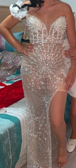 Vestido de Gala Elegante Plateado y Blanco